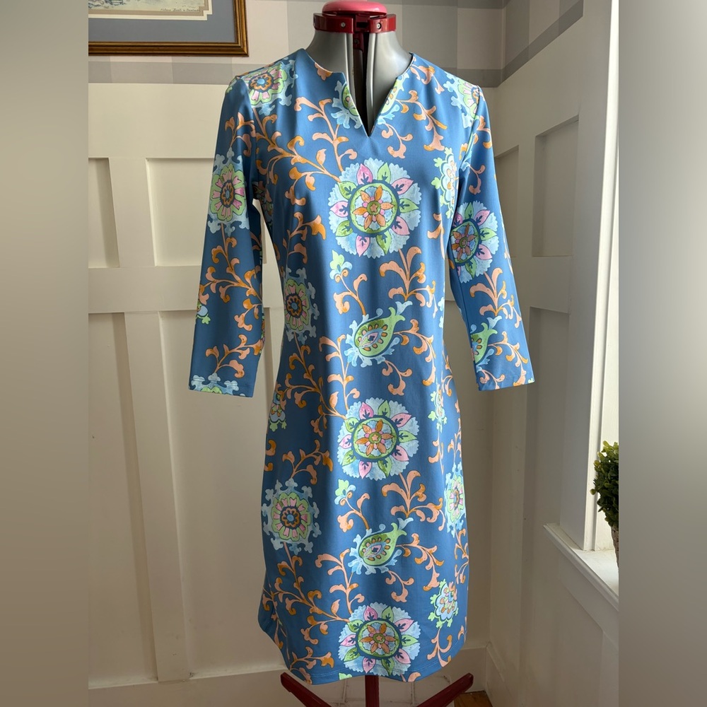 J McLaughlin‎ Blue Floral Dress Long Sleeve Resort Coastal Preppy Size Small